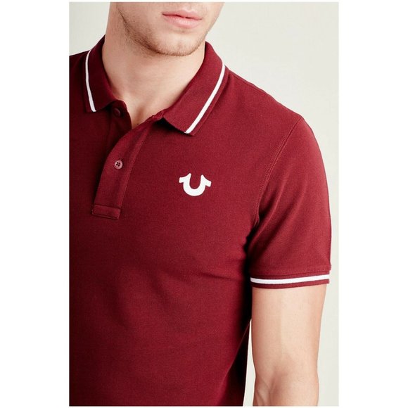True Religion Men's Crafted With Pride Short Sleeve Polo Shirt in Burgundy - Picture 4 of 6